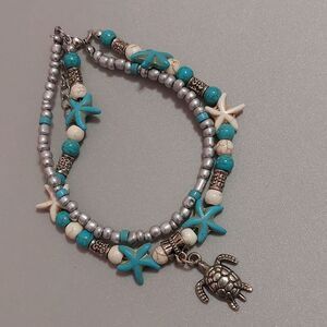 Beach Theme Anklet Bracelet Turtle Starfish Silver Tone Metal Beads